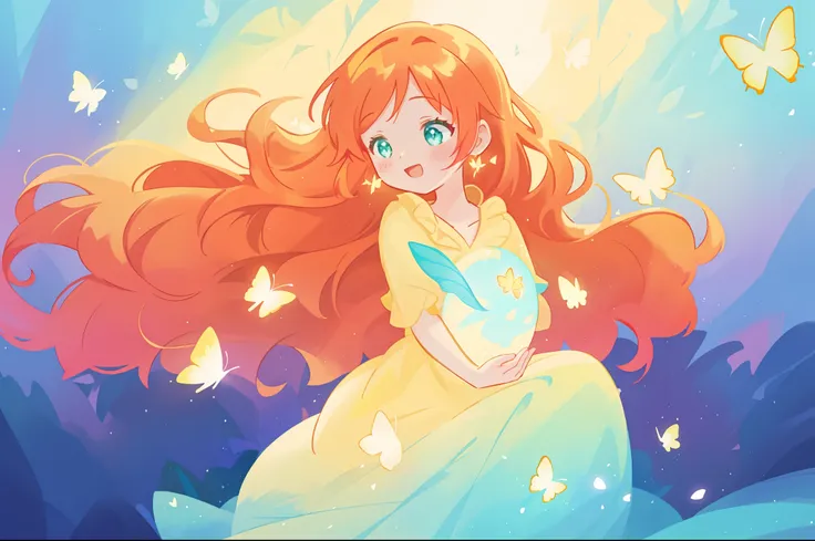 beautiful girl in flowing puffy gradient gold to aqua ballgown, ((glowing yellow butterflies)), long sparkling red hair, fantasia magical landscape background, watercolor illustration, inspired by Glen Keane, inspired by Lois van Baarle, disney art style, ...