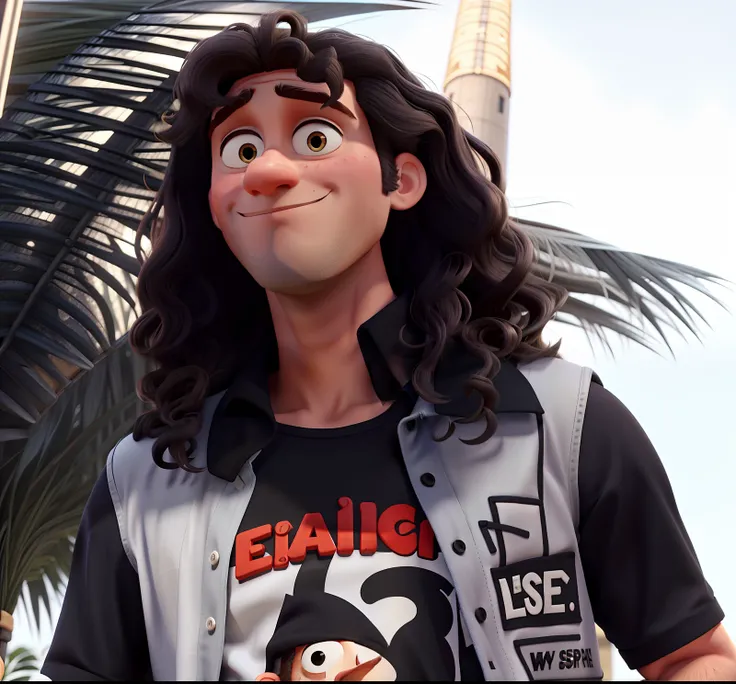 pixar style poster, a white man with long curly hair wearing a black blouse with a denim vest