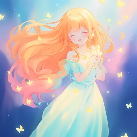 beautiful girl in flowing puffy gradient gold to aqua ballgown, ((glowing gold butterflies)), flowing sheer sleeves, (gradient yellow to aqua ballgown skirt), long sparkling red orange hair, fantasia background, watercolor illustration, inspired by Glen Ke...