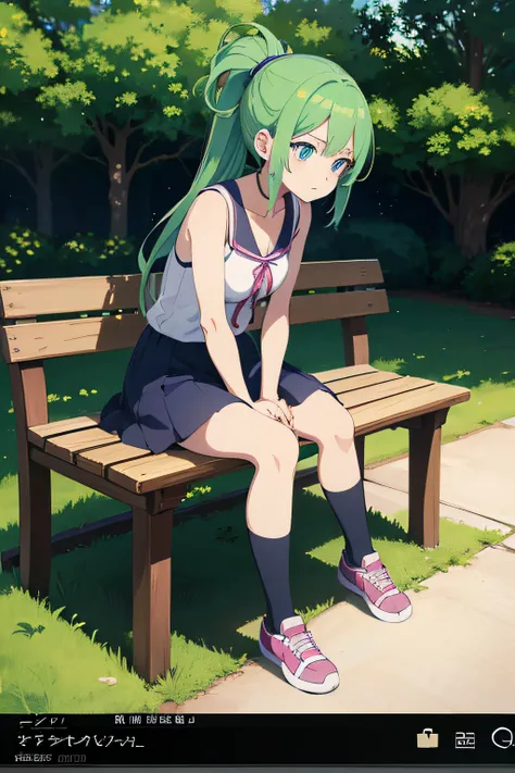 a 13 year old girl from hunter x hunter sitting on a bench in a park with a green hair, blue eyes (hunter x hunter style drawing) anime visual of a cute girl, the anime girl is crouching, anime visual of a young woman, anime girl named lucy,  official art,...