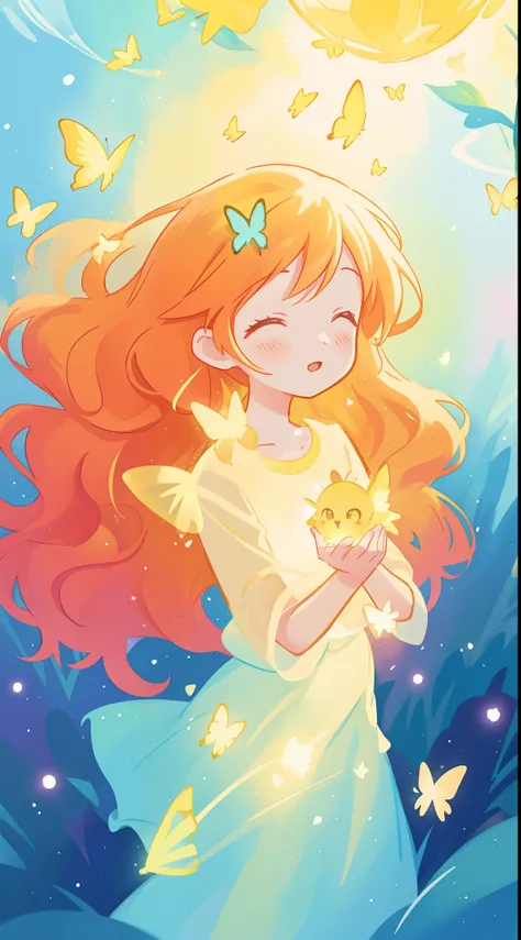 beautiful girl in flowing puffy gradient gold to aqua ballgown, ((glowing yellow butterflies)), long sparkling red hair, fantasia magical landscape background, watercolor illustration, inspired by Glen Keane, inspired by Lois van Baarle, disney art style, ...