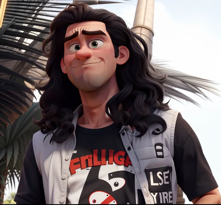 pixar style poster, a white man with long curly hair wearing a black shirt and a white denim vest and an angry face.