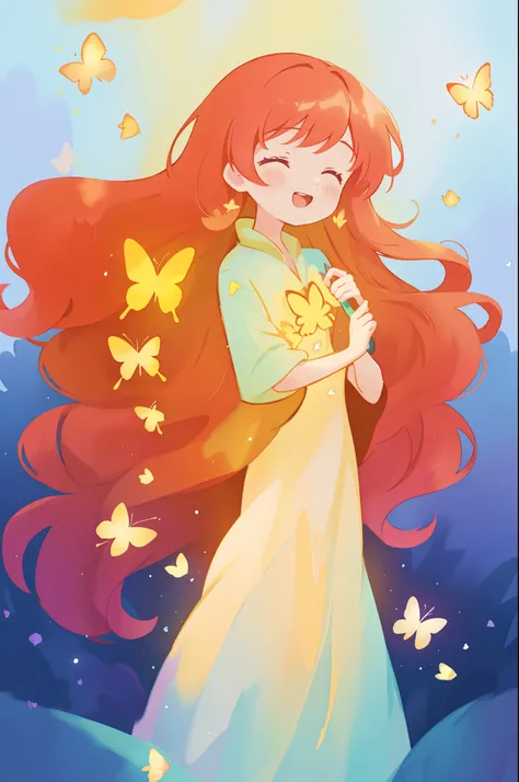 beautiful girl in flowing puffy gradient gold to aqua ballgown, ((glowing yellow butterflies)), long sparkling red hair, fantasia magical landscape background, watercolor illustration, inspired by Glen Keane, inspired by Lois van Baarle, disney art style, ...