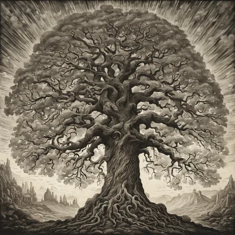 The Elden Tree, a massive giant tree, In intaglio art style, best quality, masterpiece