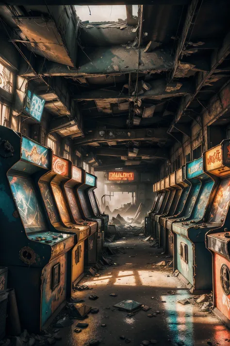 post-apocalyptic_play_zone,the atmosphere of the end of the world, ((dilapidated old arcade)), twinkling neon lights, graffiti-c...