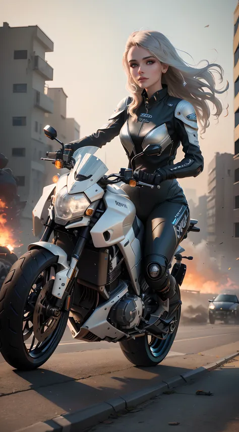 Mulher loira na roupa de couro preto andando de moto em uma rua da cidade, sentado em moto cyberpunk, 8k uhd octane rendering, 8k octano render fotorrealista, 8k octane render, 8K octane rendering, badass anime 8 k, octane render 8 k uhd, octane render cin...