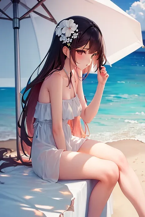 masterpiece, best quality, 1 girl, from side, beach umbrella, white dress, long dress, floral print, hair flower, sitting,