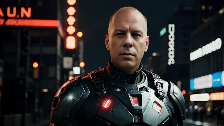 Centralizado, photo-realistic, 8k, altamente detalhado, Retrato realista bruce willis, The body looks at the camera, olhando para o espectador de frente, in a flash suit with intricate angled cybernetic implants Cyberpunk city, foto premiada, Bokeh, Red Ne...