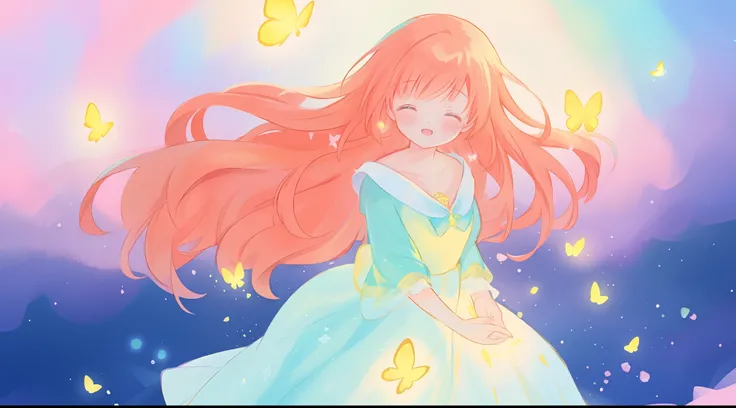 beautiful girl in flowing puffy gradient gold to aqua ballgown, ((glowing gold butterflies)), flowing sheer sleeves, (gradient yellow to aqua ballgown skirt), long sparkling red orange hair, fantasia background, watercolor illustration, inspired by Glen Ke...