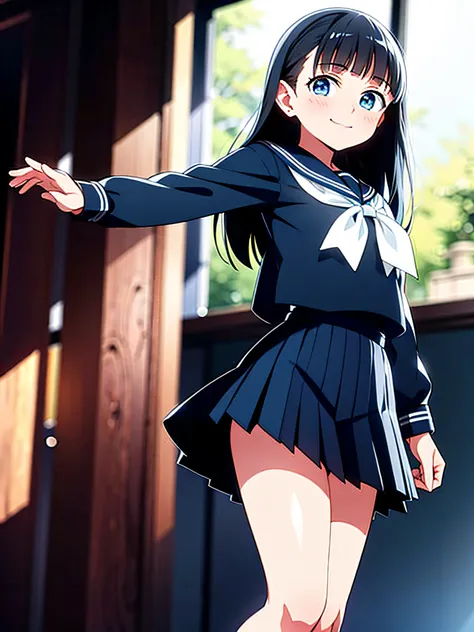 1girl, school uniform, skirt, solo, long hair, blue eyes, serafuku, black hair, sailor collar, shirt, long sleeves, blurry, look...