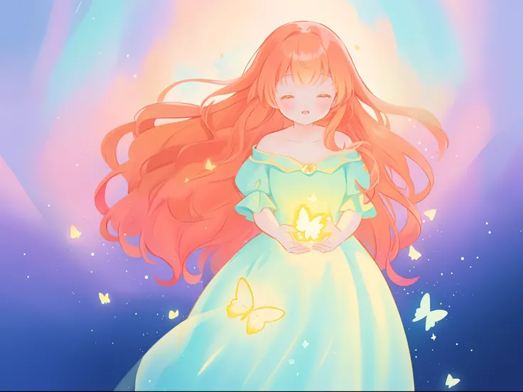 beautiful girl in flowing puffy gradient gold to aqua ballgown, ((glowing gold butterflies)), flowing sheer sleeves, (gradient yellow to aqua ballgown skirt), long sparkling red orange hair, fantasia background, watercolor illustration, inspired by Glen Ke...