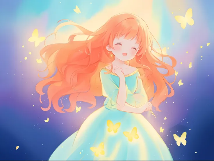 beautiful girl in flowing puffy gradient gold to aqua ballgown, ((glowing gold butterflies)), flowing sheer sleeves, (gradient yellow to aqua ballgown skirt), long sparkling red orange hair, fantasia background, watercolor illustration, inspired by Glen Ke...