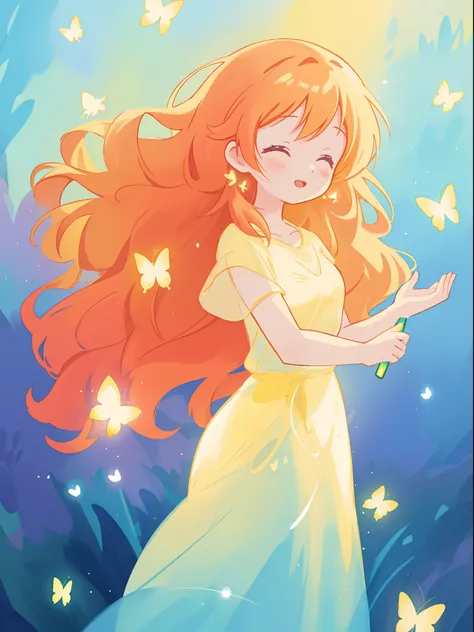 beautiful girl in flowing puffy gradient gold to aqua ballgown, ((glowing yellow butterflies)), long sparkling red hair, fantasia magical landscape background, watercolor illustration, inspired by Glen Keane, inspired by Lois van Baarle, disney art style, ...