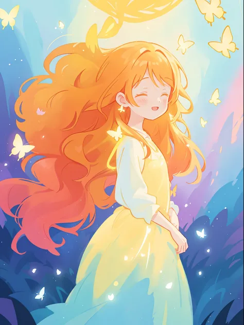 beautiful girl in flowing puffy gradient gold to aqua ballgown, ((glowing yellow butterflies)), long sparkling red hair, fantasia magical landscape background, watercolor illustration, inspired by Glen Keane, inspired by Lois van Baarle, disney art style, ...