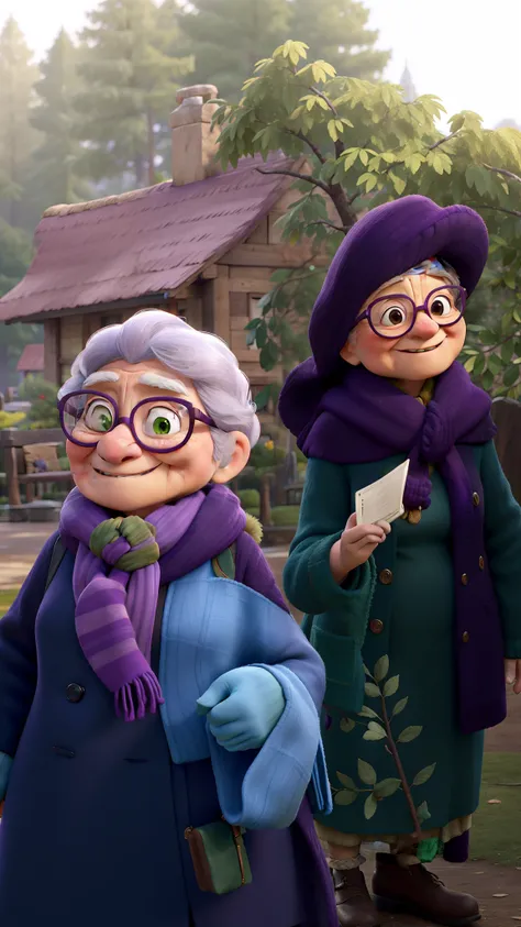 masterpiece, best quality, an old woman with glasses and a scarf on, wearing a purple coat and green scarf, standing at the park