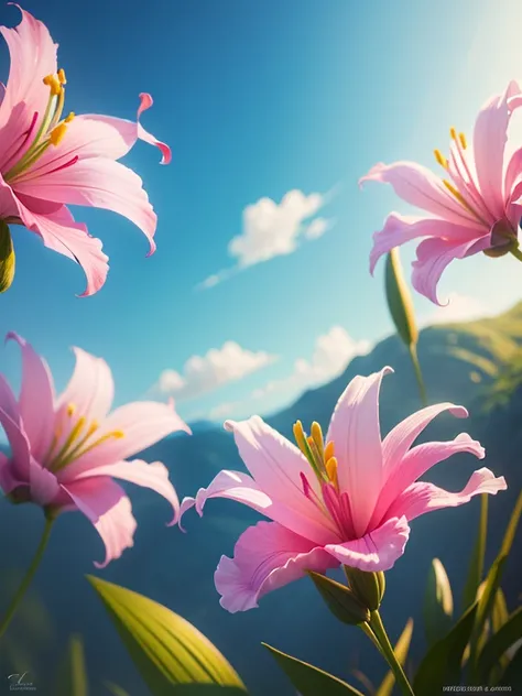 (high resolution: 1.1), best quality, (master part: 1.2), vivid colors, Pintura digital, pink lilies, beleza natural, blue skies, Close-up