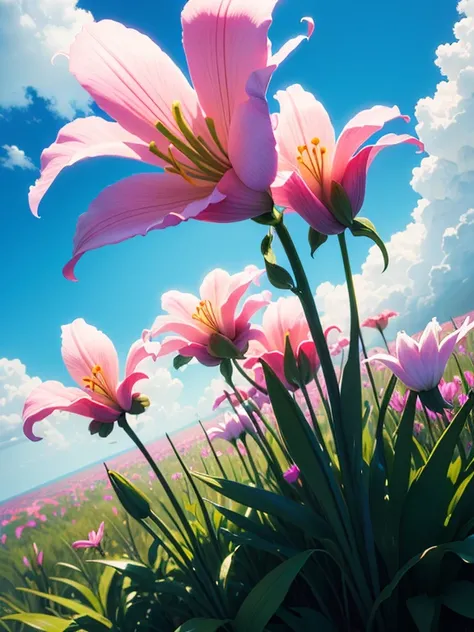 (high resolution: 1.1), best quality, (master part: 1.2), vivid colors, pintura digital, pink lilies, beleza natural, blue skies, Close-up