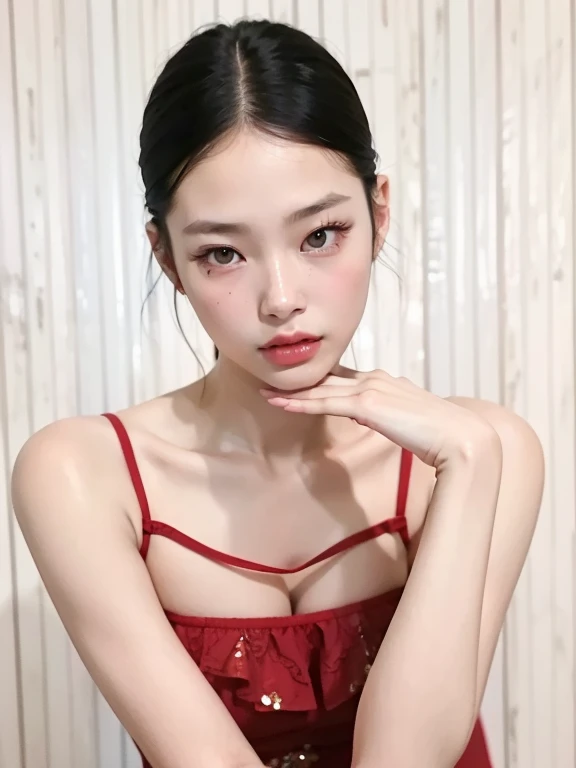 a close up of a woman in a red dress posing for a picture, gorgeous chinese model, xintong chen, mingchen shen, wenfei ye, blackpink jennie, kiko mizuhara, asian features, yanjun chengt, lulu chen, xue han, sha xi, young cute wan asian face, xision wu, jin...