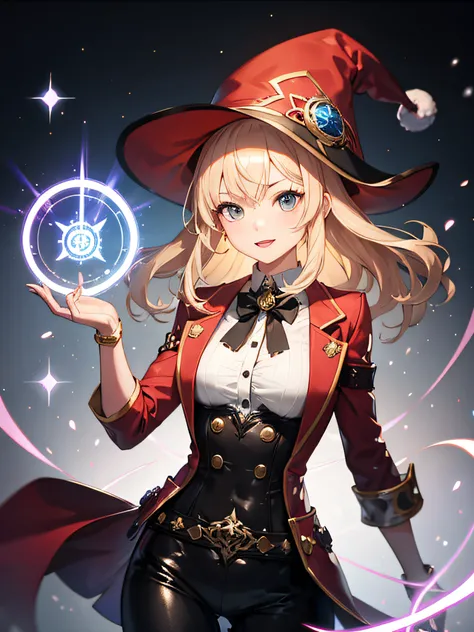 1girl, red pirate hat, magic circles, magic, mystery