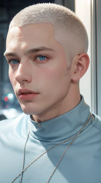 very handsome man portrait white buzzcut hair, strong jawline, light blue eyes, thick neck, big lips, very attractive