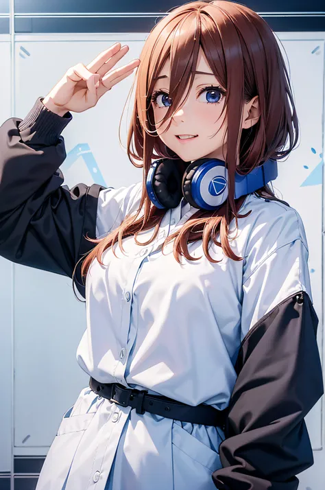 nm1, headphones around neck, uniforme escolar, happy expression, Melhor Anime 4K Konachan Wallpaper, estilo anime 4K, arte oficial, arte anime de alta qualidade, Anime Wallpaper 4k ((obra-prima)), sala, cidade,