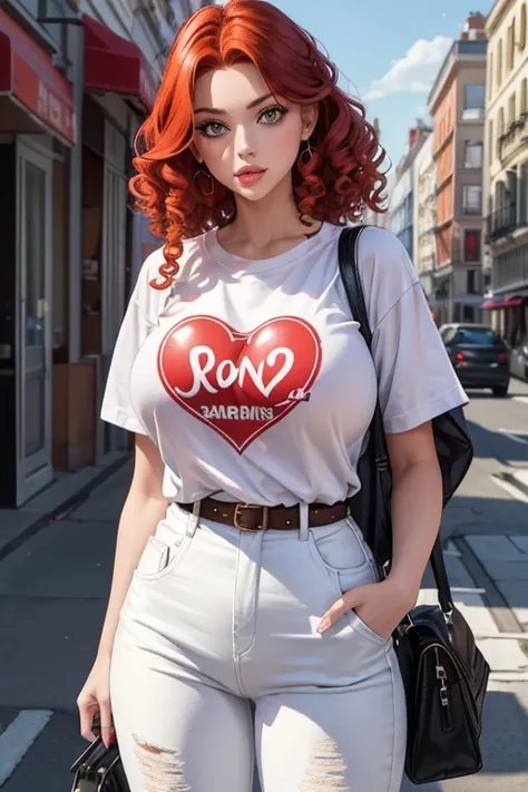 1girl in street wear clothes , in the street, Wear White Jeans and White Top, Have Heart pattern on her clothes, White Skin ,(Best quality:1.1), (Masterpiece:1.4), 1fille, (cheveux volumineux)+ , ((curly hair))++, cheveux longs, ++, (((cheveux roux ))), (g...