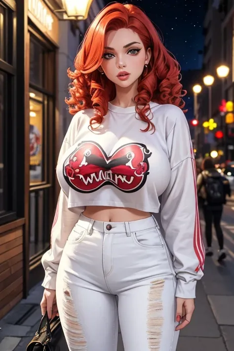 1girl in street wear clothes , in the street, Wear White Jeans and White Top, Have Heart pattern on her clothes, White Skin ,(Best quality:1.1), (Masterpiece:1.4), 1fille, (cheveux volumineux)+ , ((curly hair))++, cheveux longs, ++, (((cheveux roux ))), (g...