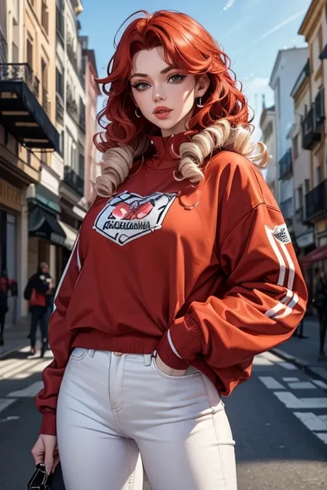 1women in street wear clothes , in the street, Wear White Jeans and White Top, Have Heart pattern on her clothes, White Skin ,(Best quality:1.1), (Masterpiece:1.4), 1fille, (cheveux volumineux)+ , ((curly hair))++, cheveux longs, ++, (((cheveux roux ))), (...