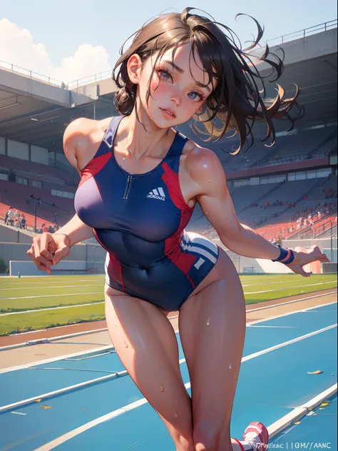 Best Quality, masutepiece,  High resolution, (Photorealistic:1.4), Raw photo, 1 beautiful girl ,Dynamic Angle,girl track and field athlete,start to running,small head,Large breasts,Smart body, nice legs,Glowing skin, Sweat,at track and field ,(Detailed bea...