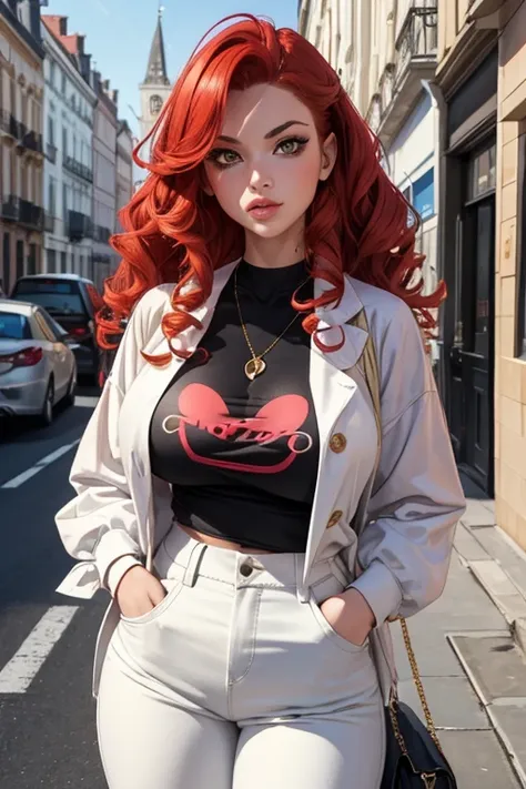 1girl in street wear clothes , in the street, Wear White trousers with Heart pattern and White Top, Have Heart pattern on her clothes, White Skin ,(Best quality:1.1), (Masterpiece:1.4), 1fille, (cheveux volumineux)+ , ((curly hair))++, cheveux longs, ++, (...