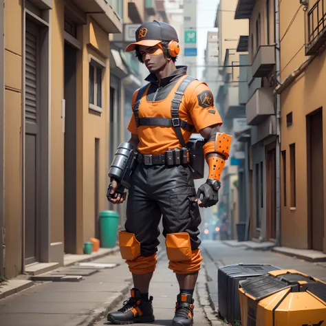 A 3D black character with an orange outfit like the garbage collectors of Rio de Janeiro in Brazil. He wears a backward-facing cap and has a mechanical left arm with a cannon. --auto --s2