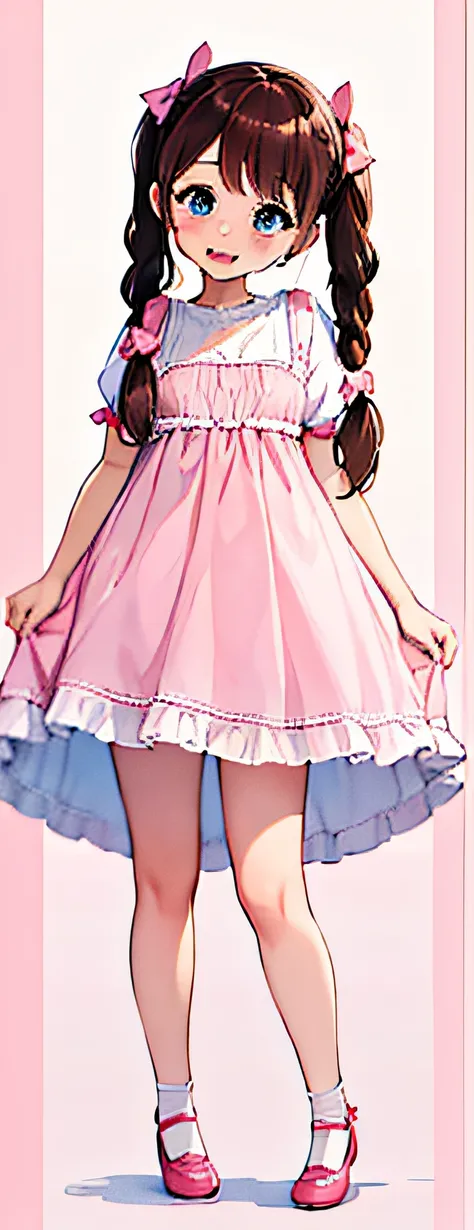 1girl, loli, brown hair, braided pigtails with pink bows, blue eyes, wearing a white dress, pink mary jane shoes, absurdres, high res, ultrasharp, 8K, masterpiece, looking at viewer, smiling