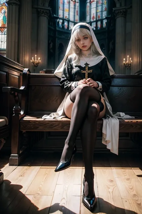 (eine nahaufnahme eines), A tall nun sits on a bench in the church, Ein gut durchdachtes Modell, ((with white hair)), with green eyes, Subtle Subtle Body, schlanke Beine, Camera under your feet, unterer Schuss, Upskirt (Kleider), ((Schwarze Soutane:1,5)), ...