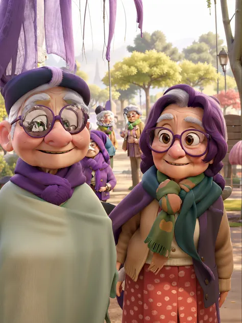 masterpiece, best quality, an old woman with glasses and a scarf on, wearing a purple coat and green scarf, standing at the park