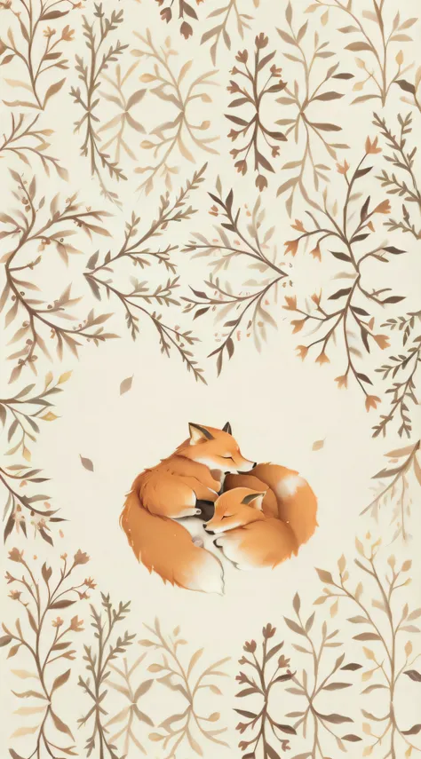 there is a painting of a fox sleeping in a floral frame, foxes, fantasy fox love, whimsical fox, foxes and deer, ethereal fox, among foxes and deer, fox animal, wildlife illustration, cozy wallpaper, 🍁 cute, beautiful artwork, cute artwork, playing with fo...