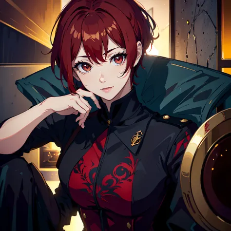 Sentada em uma poltrona luxuosa, at office, leve sorriso, black military uniform with red details, glass of wine, Anime, Red iris, Red eyes, red hair, short hair, alone, belos olhos detalhados, pele oleosa, ahoge, pele fina, Seios grandes :1.1, Oppein, bel...