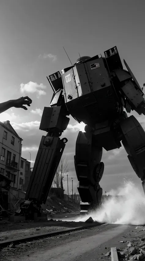 giant robots fight against people in world war two, black and white photo, super realistic.