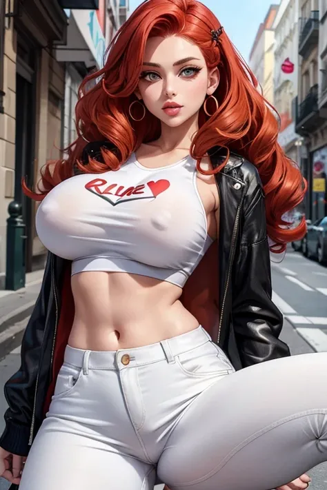 1girl in street wear clothes , in the street, Wear White Jeans and White Top, Have Heart pattern all Other Clothes ,Heart prints ,  White Skin ,(Best quality:1.1), (Masterpiece:1.4), 1fille, (cheveux volumineux)+ , ((curly hair))++, cheveux longs, ++, (((c...