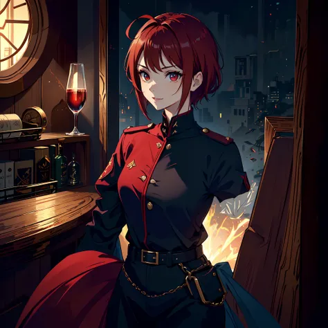 Sentada em uma poltrona luxuosa, at office, leve sorriso, black military uniform with red details, glass of wine, Anime, Red iris, Red eyes, red hair, short hair, sozinho, belos olhos detalhados, pele oleosa, ahoge, pele fina, Seios grandes :1.1, Oppein, b...