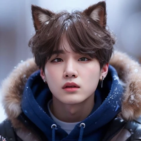 um close up de uma pessoa vestindo uma jaqueta e uma orelha de lobo, Inspired by BTSs Min Yoongi Adorable Korean Face.