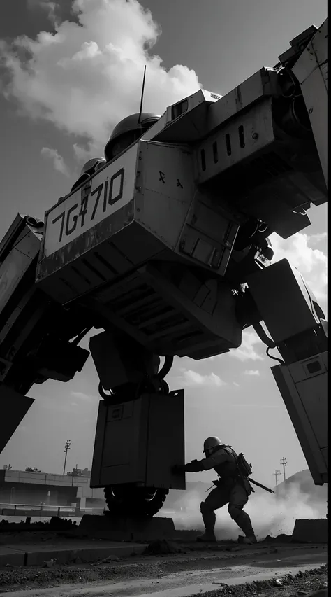 giant robots fight against people in world war two, black and white photo, super realistic.