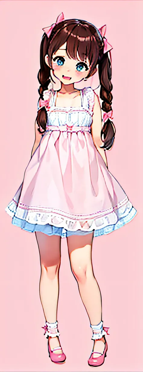 1girl, loli, brown hair, braided pigtails with pink bows, blue eyes, wearing a white dress, pink mary jane shoes, absurdres, high res, ultrasharp, 8K, masterpiece, looking at viewer, smiling