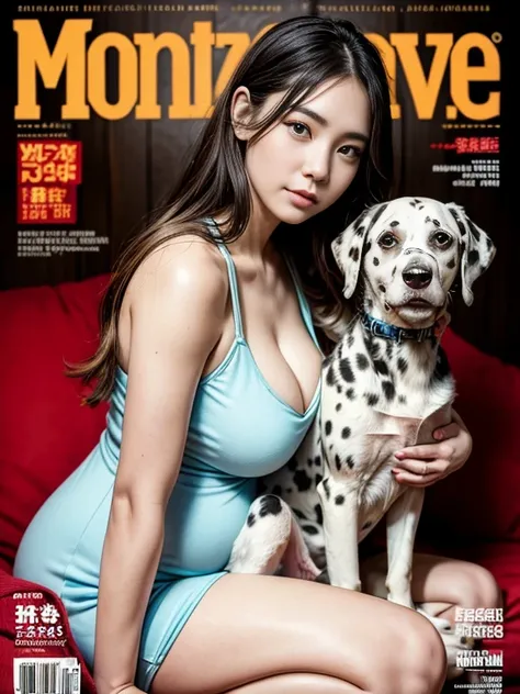 MagazineCover,Souvenir photo with dog,Young pregnant woman posing with Dalmatian