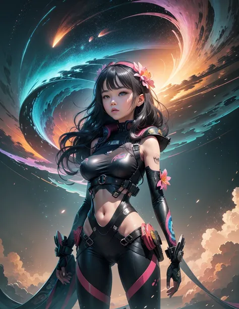 Girl standing in the clouds staring up as the stars, stars floating around her, brilliant colors, amazing swirls of cosmic dust, colorful vibrant, light particles, Create digital artwork in the Pop Art style, Featuring a vibrant and confident young Asian g...