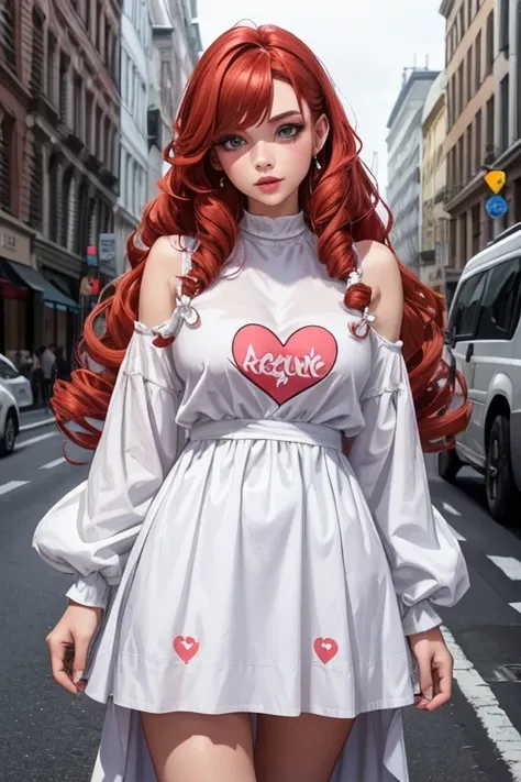 1girl in street wear clothes , in the street, Wear a white long dress , Heart prints , Hearts Pattern, White Skin ,(Best quality:1.1), (Masterpiece:1.4), 1fille, (cheveux volumineux)+ , ((curly hair))++, cheveux longs, ++, (((cheveux roux ))), (Yeux Verts ...