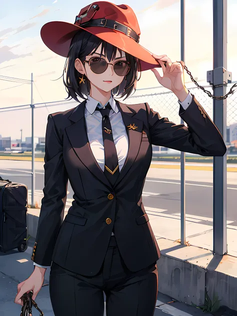 1girl, red pirate hat, sunglasses,black suit,business suit,earpiece,chain fence,barbed wire,black hair,airfield,