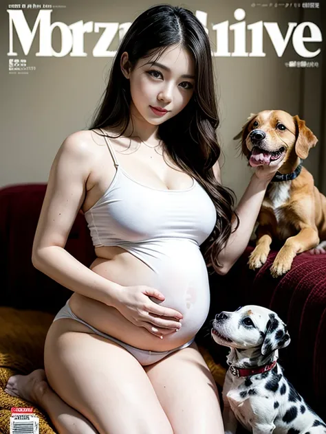 MagazineCover,Souvenir photo with the dog,Young pregnant woman posing with adult dog Dalmatian、Pregnant woman feeding a Dalmatian puppy