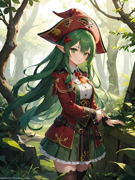 1girl, red pirate hat, dryad,forest,leaf,green hair,green clothing,standing,green magic