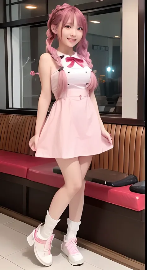 high-level image quality、Anime girl with long hair and restaurant uniform posing for photo、Shibuya、full body Esbian、(A smile:1.5)、sayori, Anime visuals of cute girls, anime moe art style, loli in dress, Anime girl in restaurant uniform, pretty anime girl, ...