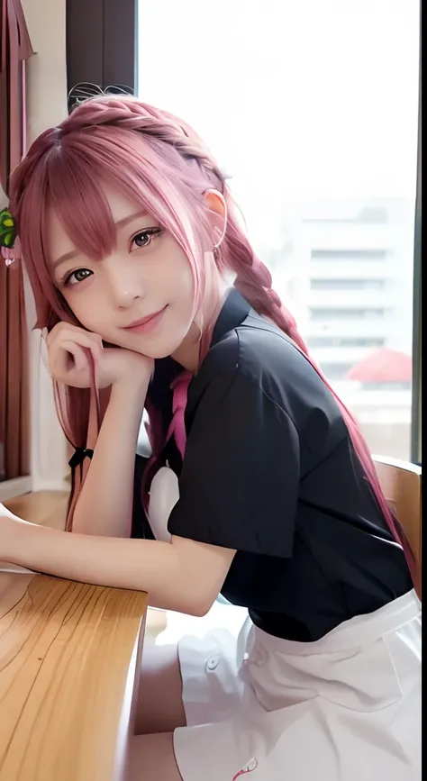 high-level image quality、Anime girl with long hair and restaurant uniform posing for photo、Shibuya、full body Esbian、(A smile:1.5)、sayori, Anime visuals of cute girls, anime moe art style, loli in dress, Anime girl in restaurant uniform, pretty anime girl, ...